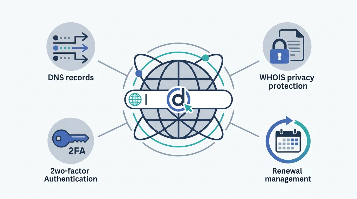 Clean editorial illustration representing domain registrar evaluation: domain DNS records, WHOIS privacy protection padlock, two-factor authentication, and annual renewal management.